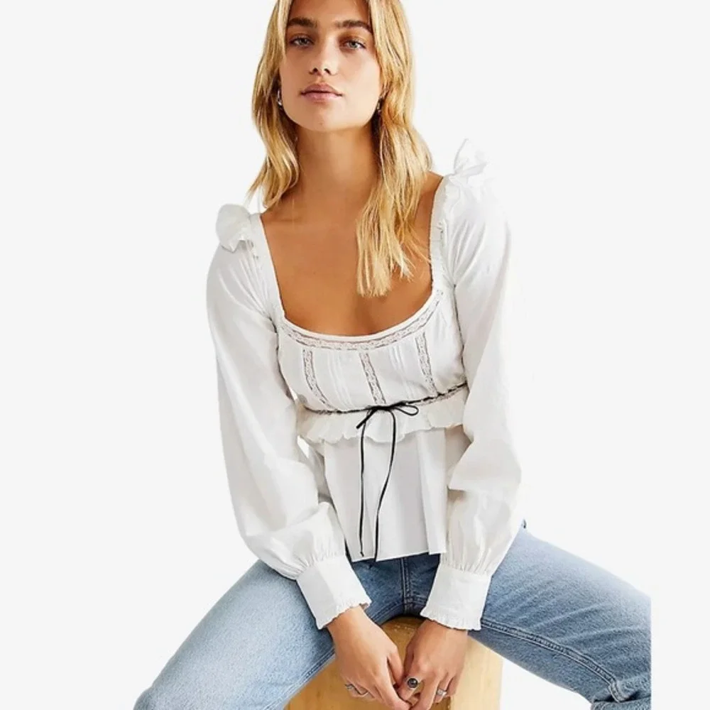 Free People White Peasant Peplum Blouse with Black Trim